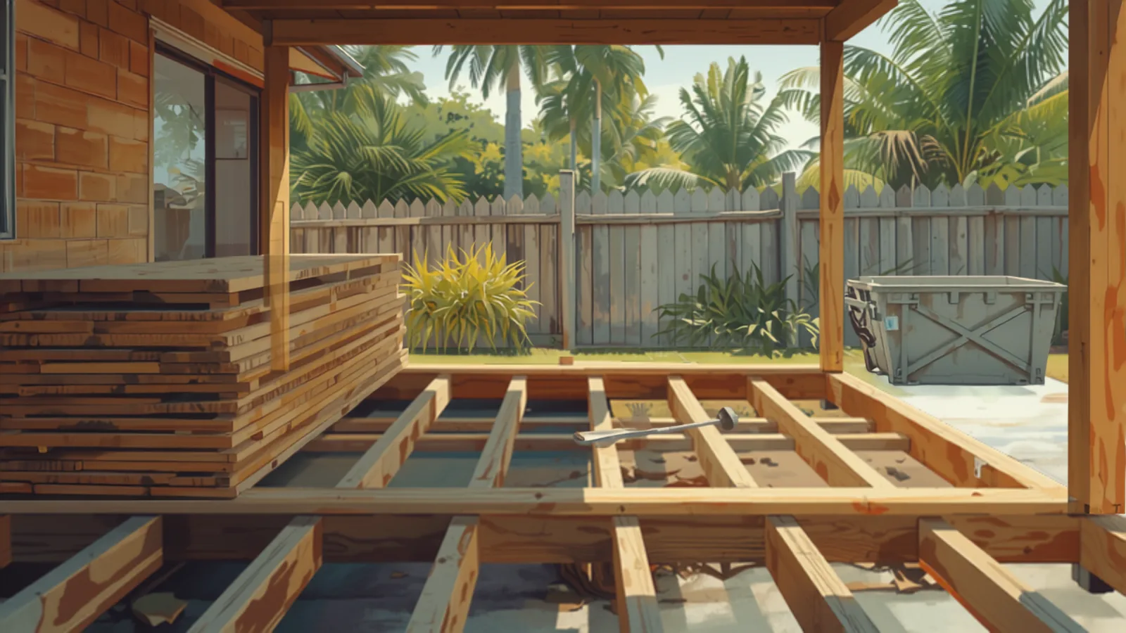 decking cost gold coast - Old deck boards lifted to expose the timber frame beneath Old deck boards lifted to expose the timber frame beneath - decking cost gold coast