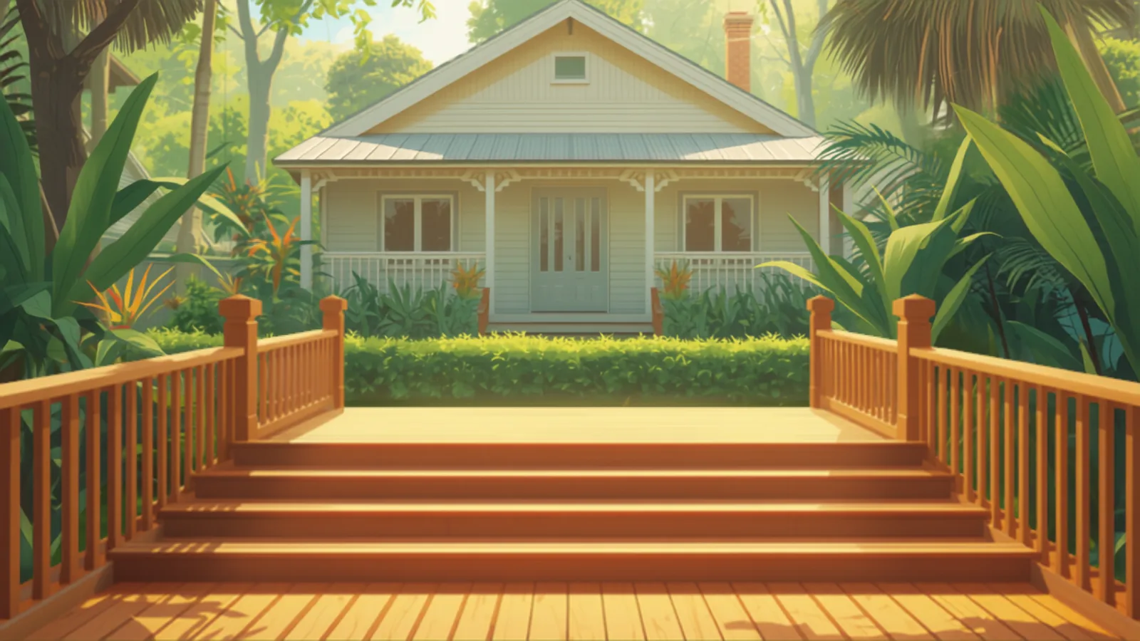 decking cost gold coast - Timber deck steps and slatted balustrade against a Queensland backyard Timber deck steps and slatted balustrade against a Queensland backyard - decking cost gold coast