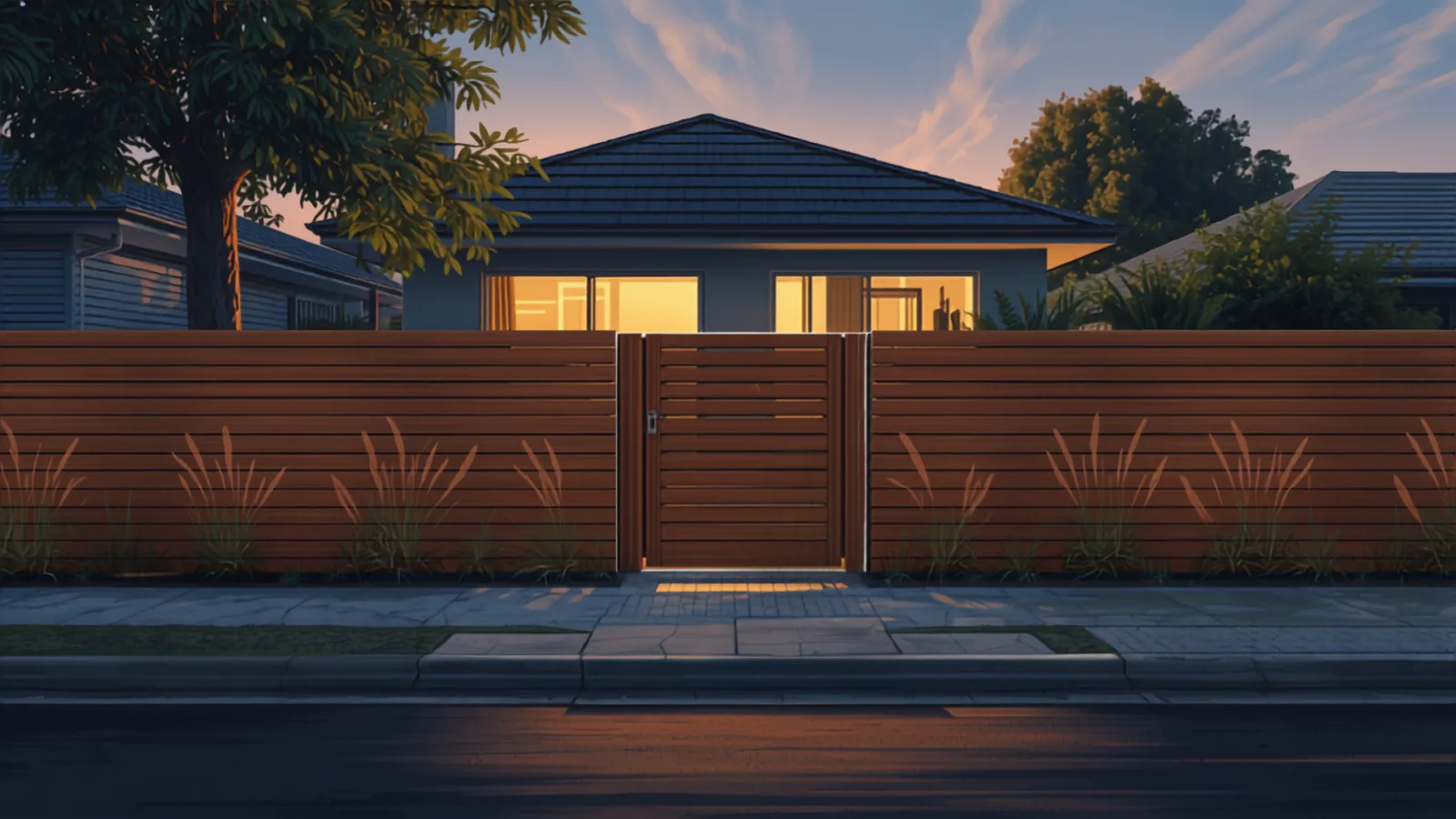fencing cost geelong - new Colorbond boundary fence in a suburban backyard Modern aluminium slat front fence with matching gate on a Geelong home - slat fence cost geelong