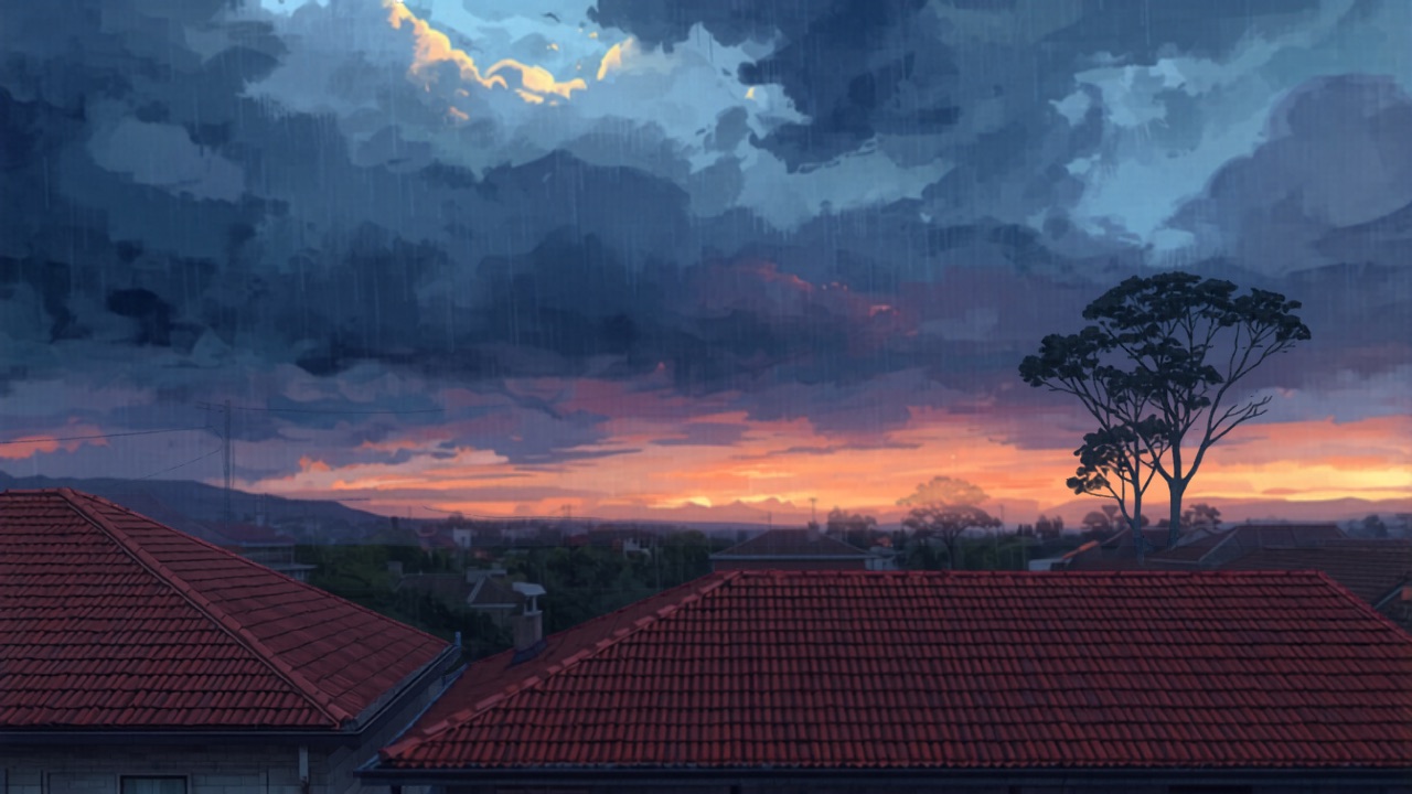 Storm clouds building over Sydney rooftops before summer rain