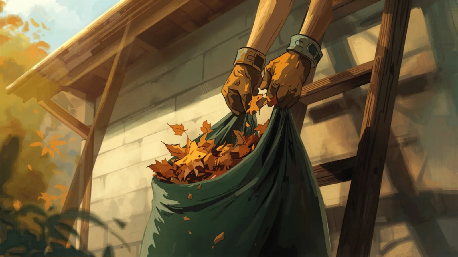 Handfuls of wet leaf debris being bagged beside a ladder during a gutter clean - gutter cleaning cost sydney