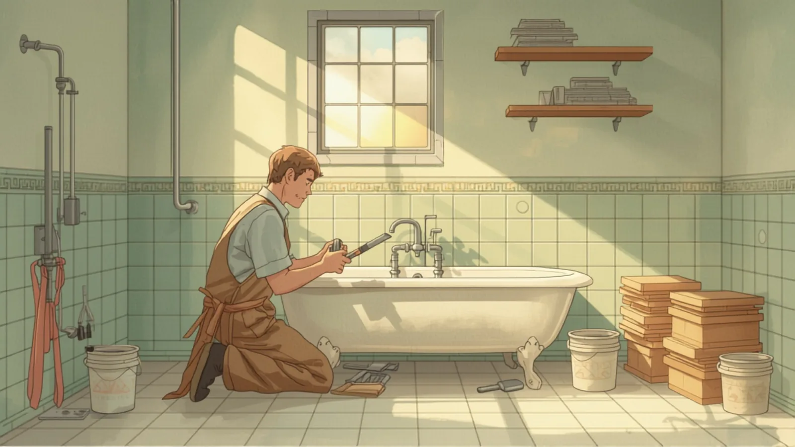 tiling cost melbourne - A tiler laying sage-green wall tiles above the bath in a Melbourne home bathroom A tiler laying sage-green wall tiles above the bath in a Melbourne home bathroom - tiling cost melbourne
