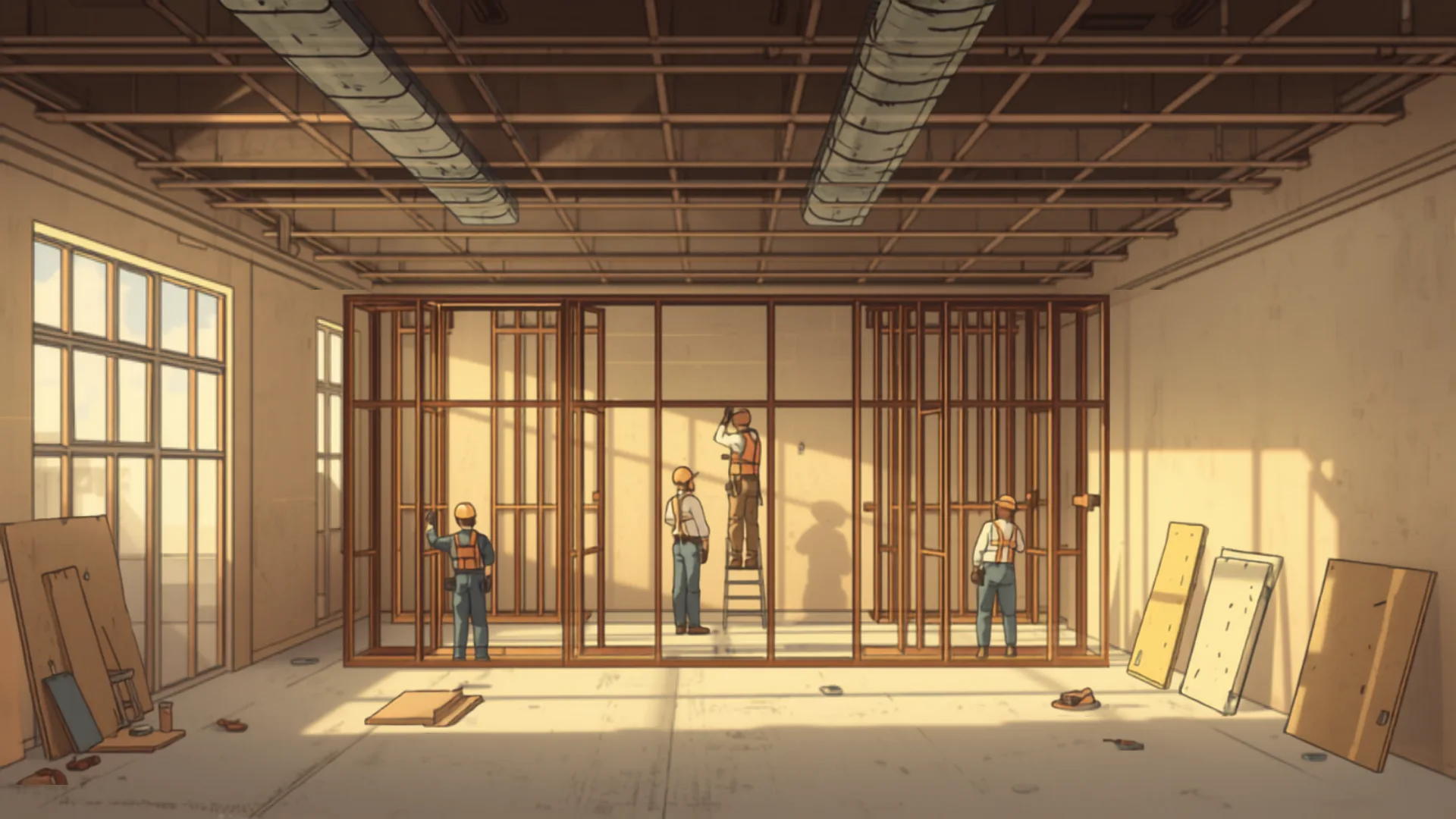 melbourne office fitout process - tradespeople installing partitions and ceiling services during an office fit-out tradespeople installing partitions and ceiling services during an office fit-out - melbourne office fitout process