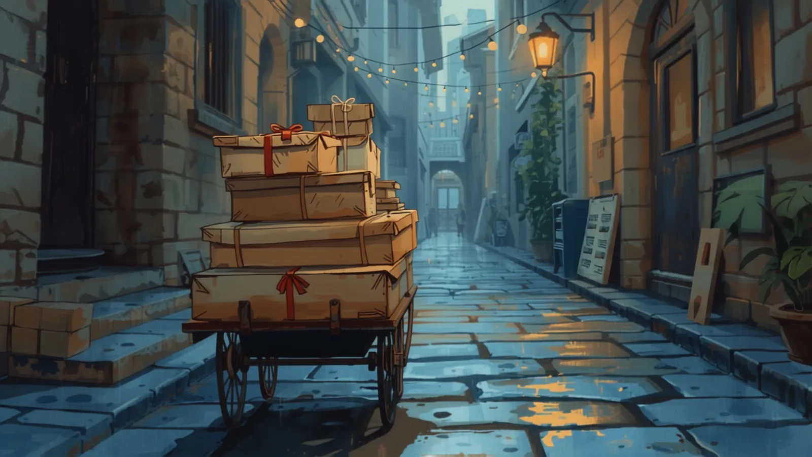 ecommerce website melbourne - Plain paper parcels tied with string stacked on a wooden hand cart in a bluestone laneway at dusk under string lights Plain paper parcels tied with string stacked on a wooden hand cart in a bluestone laneway at dusk under string lights - ecommerce website melbourne