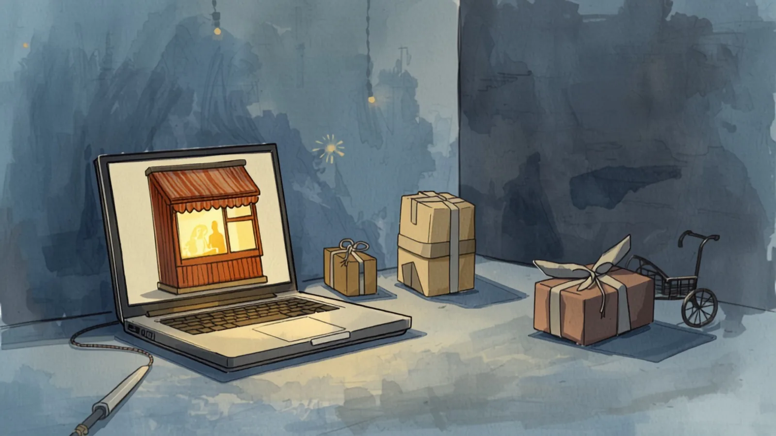 web development cost melbourne - A tiny paper storefront glowing inside a laptop screen while wrapped parcels queue along a Melbourne bluestone laneway at dusk A tiny paper storefront glowing inside a laptop screen while wrapped parcels queue along a Melbourne bluestone laneway at dusk - web development cost melbourne