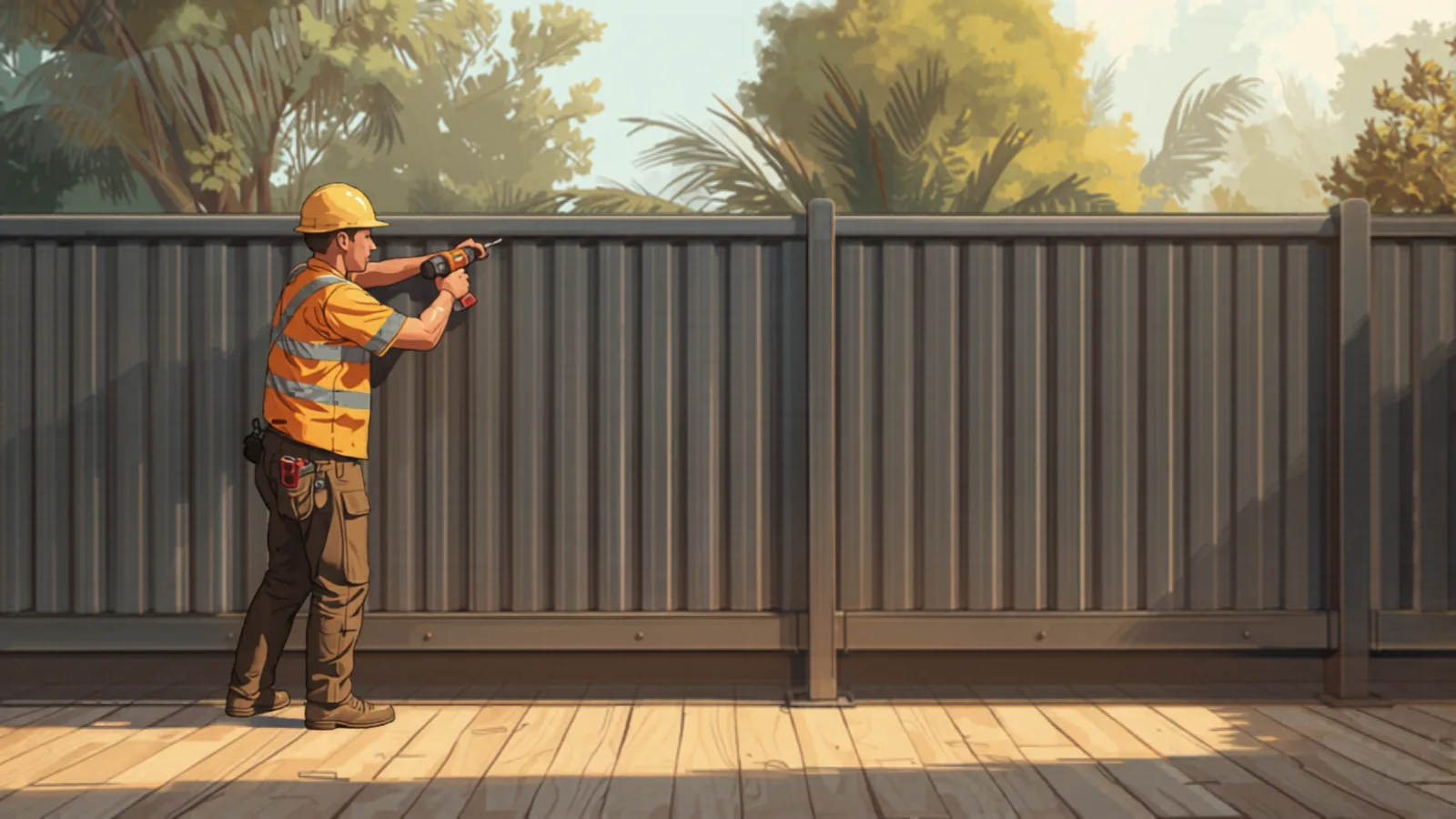fencing cost melbourne - installer fixing a Colorbond panel to steel posts installer fixing a Colorbond panel to steel posts - fencing cost melbourne
