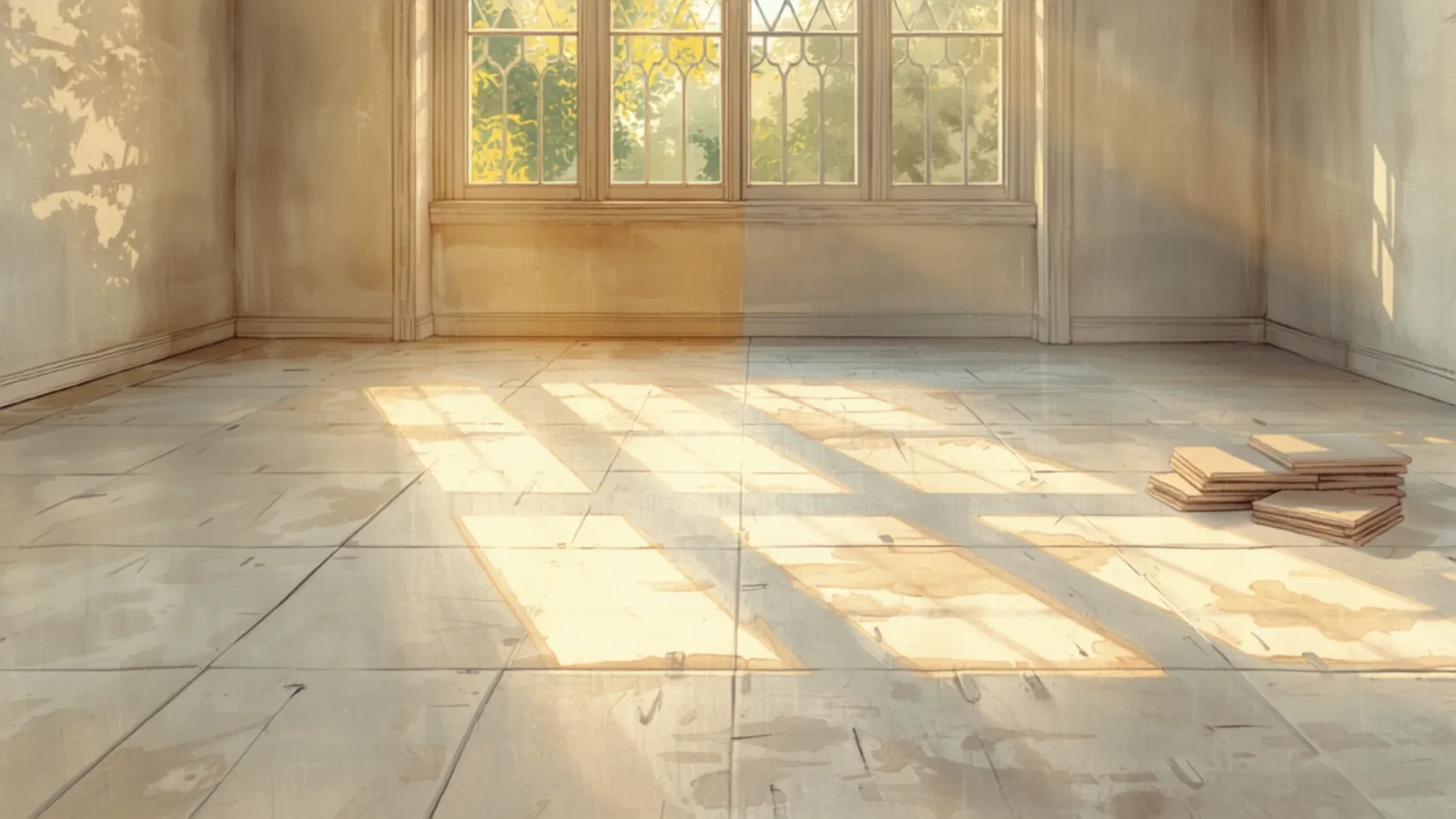 A tiler laying large-format porcelain floor tiles over a levelled subfloor in a Melbourne home, tile spacers and adhesive notch trowel in shot, natural daylight