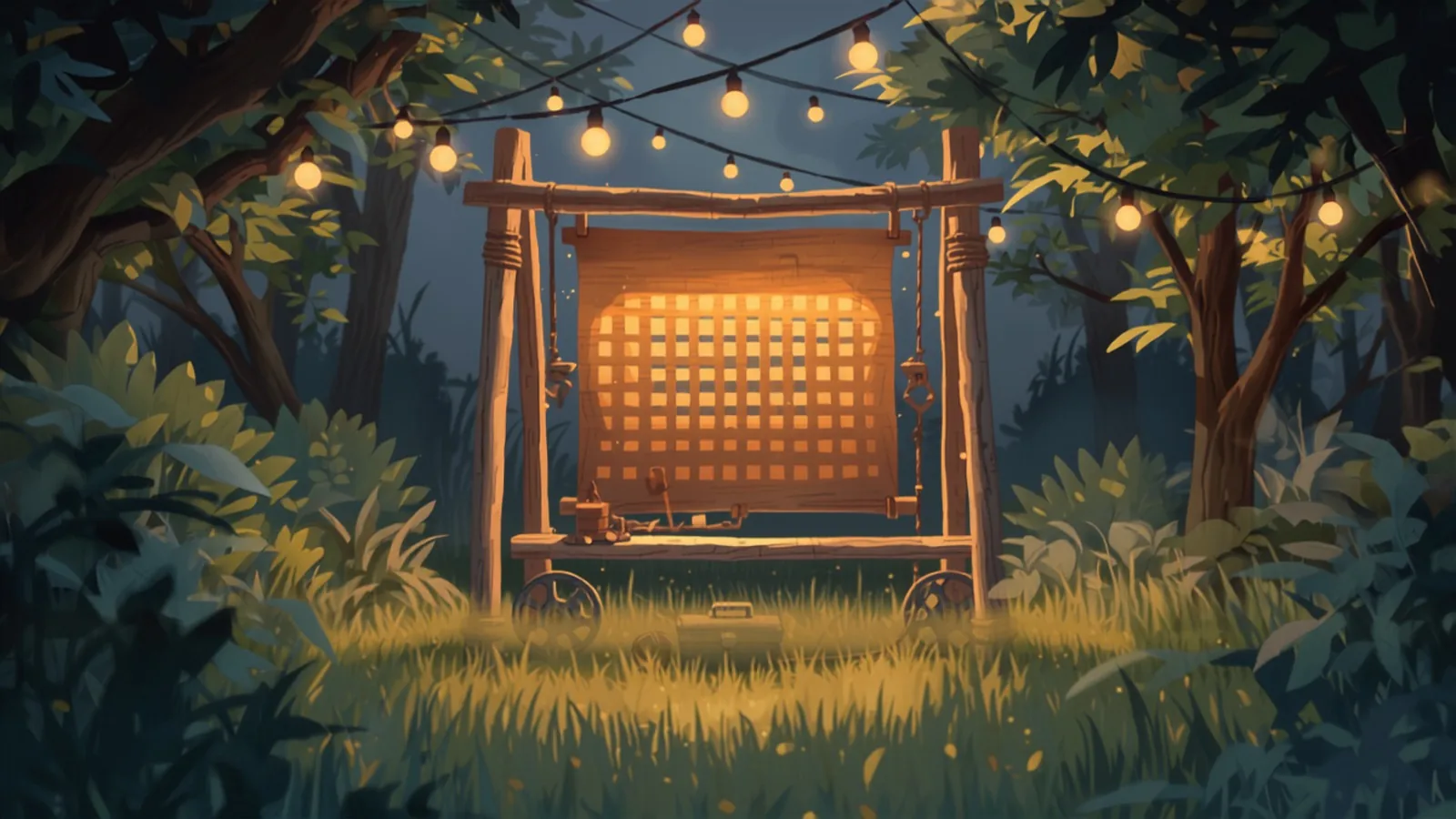 web app development melbourne - A wooden swing-frame scaffold holding a warmly glowing lattice panel in a twilight garden strung with lights A wooden swing-frame scaffold holding a warmly glowing lattice panel in a twilight garden strung with lights - web app development melbourne
