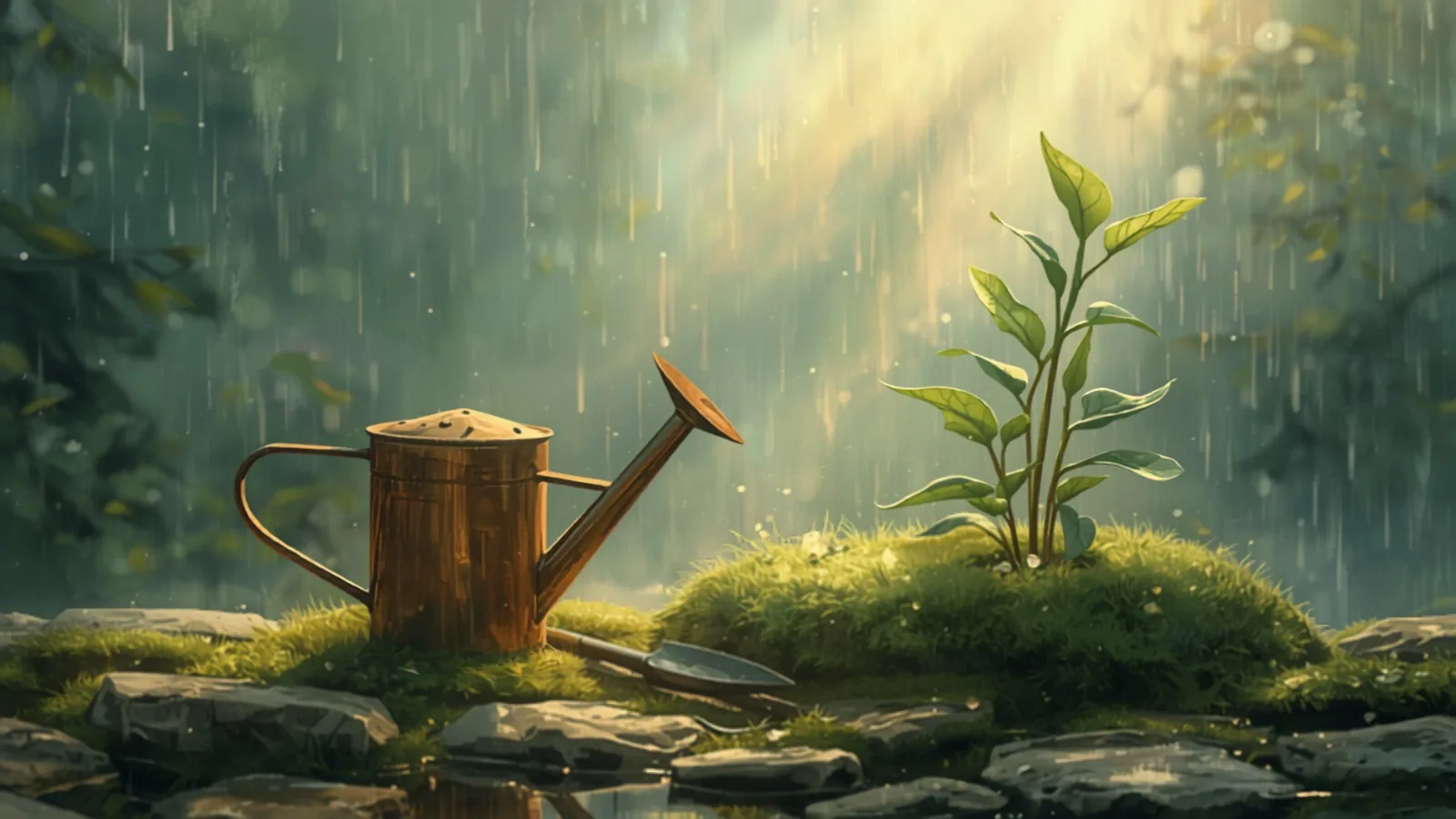 website maintenance melbourne - A copper watering can and trowel resting on mossy stones beside a young plant as sunbeams break through clearing rain A copper watering can and trowel resting on mossy stones beside a young plant as sunbeams break through clearing rain - website maintenance melbourne