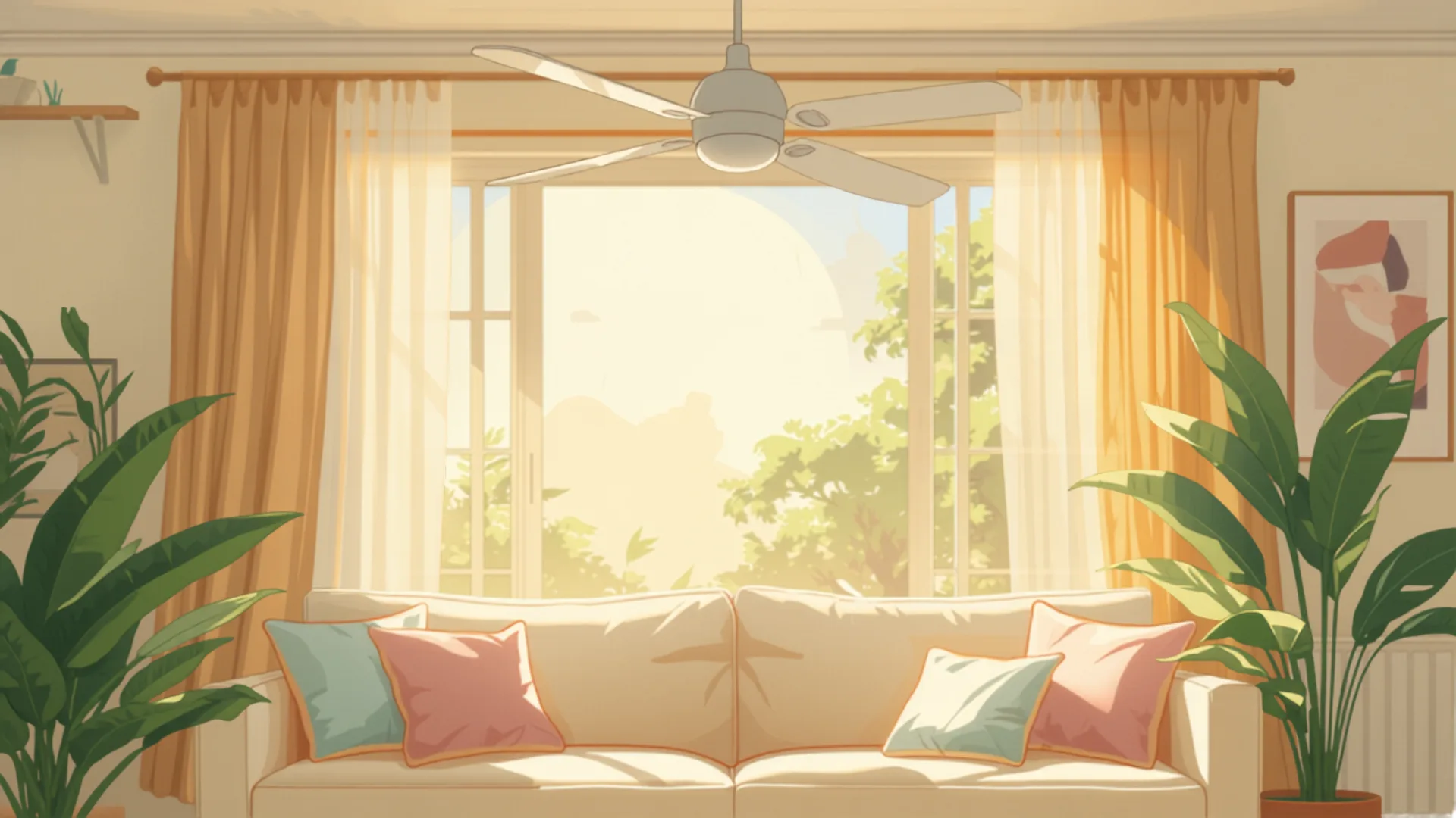 Illustration of a ceiling fan turning gently in a warm summer living room - ceiling fan running on a summer evening - electrician cost