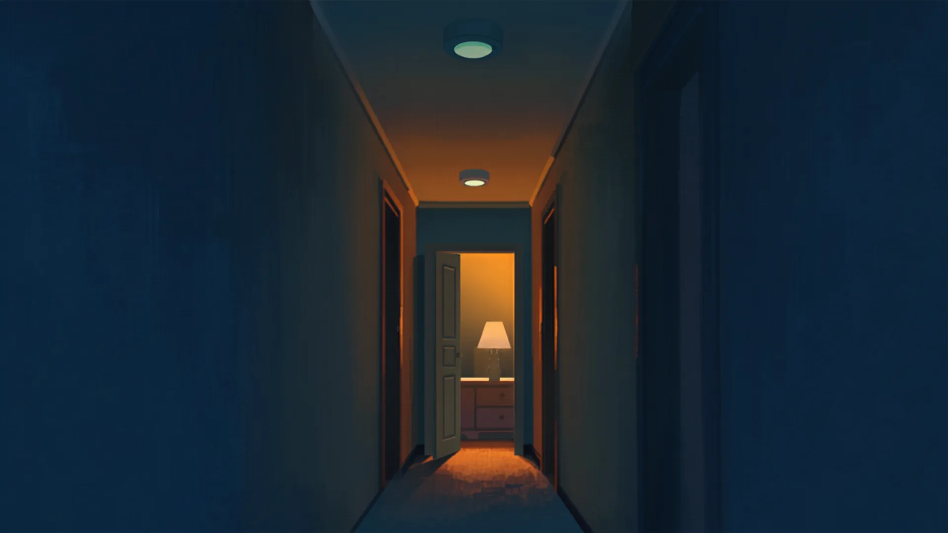 Illustration of interconnected smoke alarms glowing softly along a home hallway ceiling - interconnected photoelectric smoke alarms - electrician cost