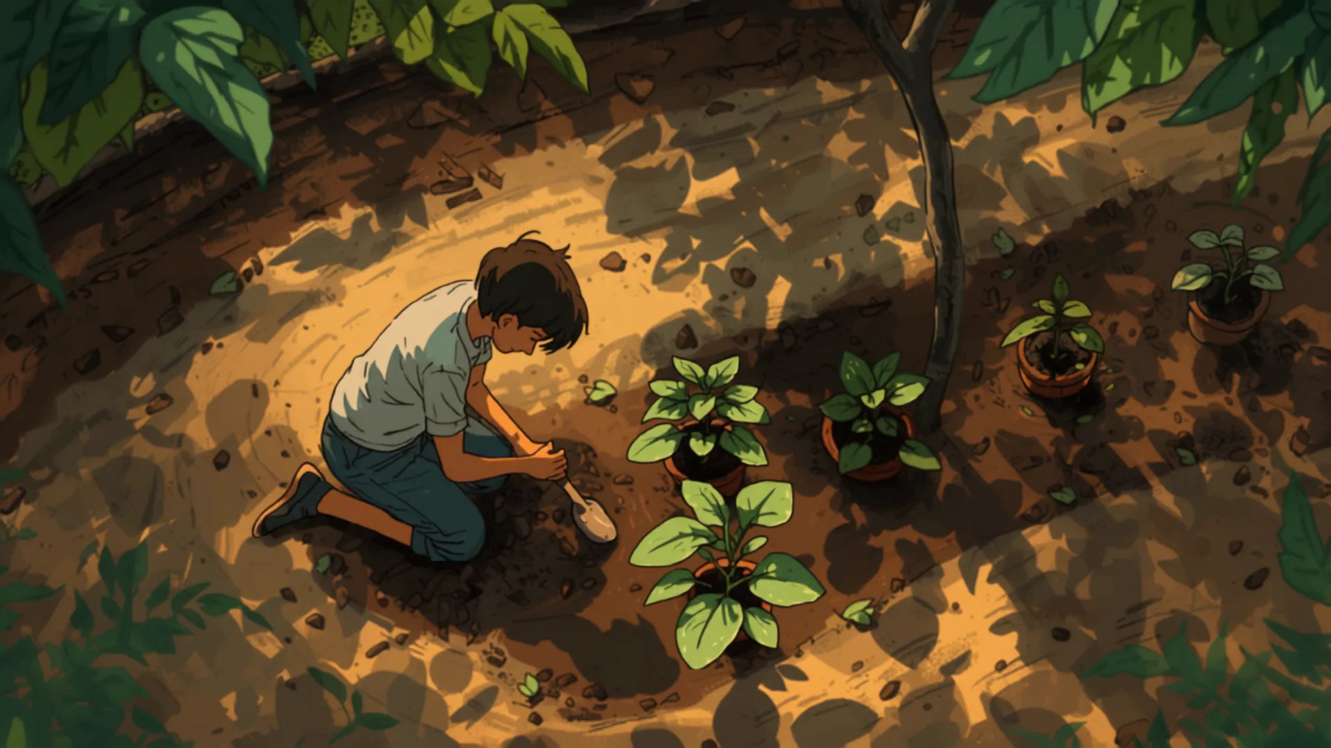 landscaping cost - Hand-painted illustration of a gardener planting shrubs into a freshly mulched garden bed with a trowel and plants waiting nearby - garden bed planting cost Australia Hand-painted illustration of a gardener planting shrubs into a freshly mulched garden bed with a trowel and plants waiting nearby - garden bed planting cost Australia - landscaping cost