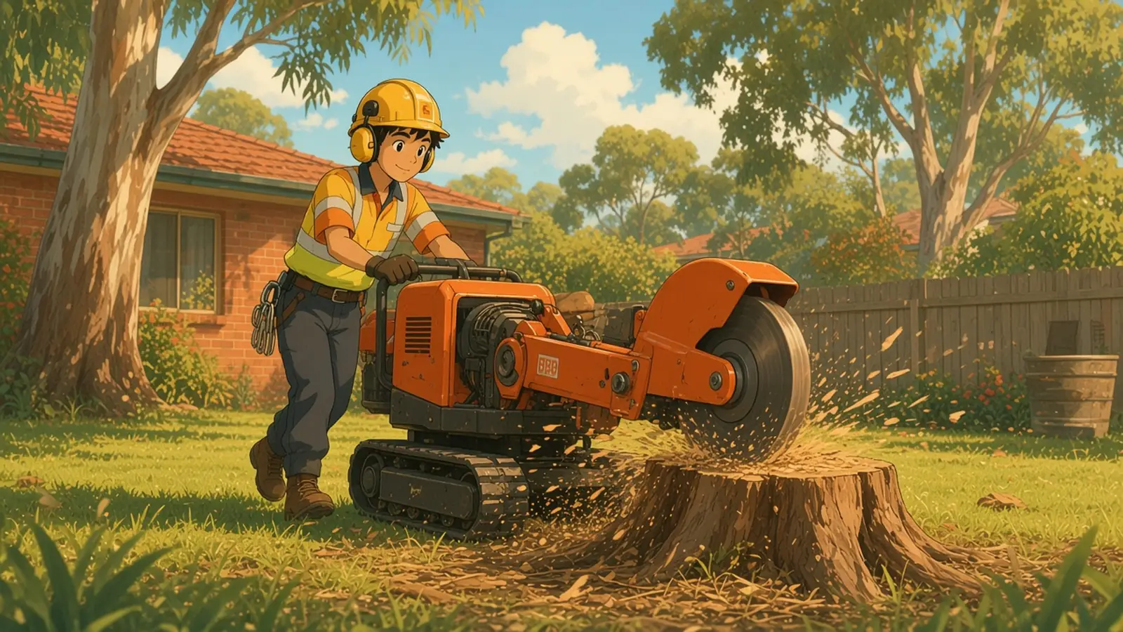 stump grinding cost Australia - stump grinder at work in a backyard tradie using a stump grinder on an old gum tree stump - stump grinding cost Australia