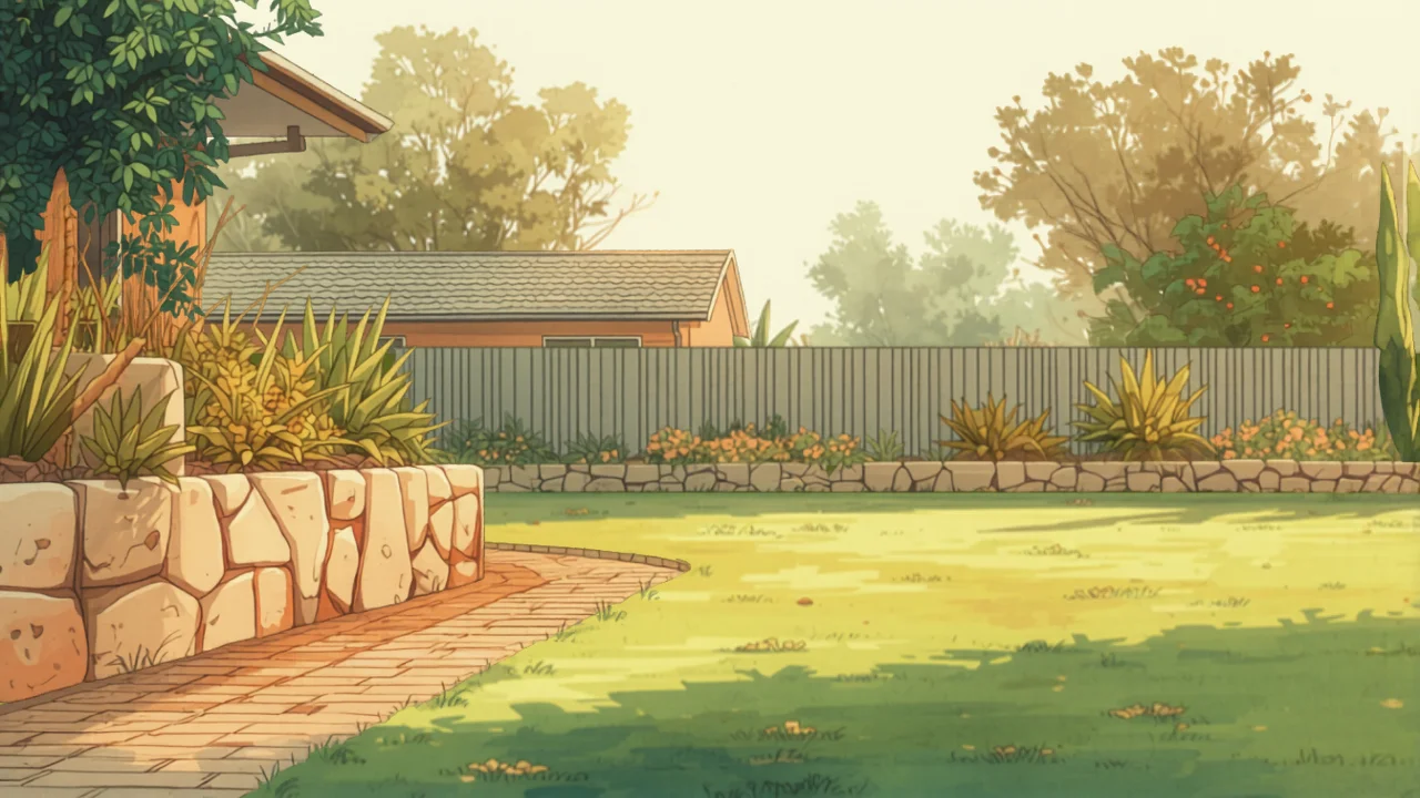 A Perth backyard with limestone paving, Sir Walter lawn and native plants, painted in Studio Ghibli watercolor style