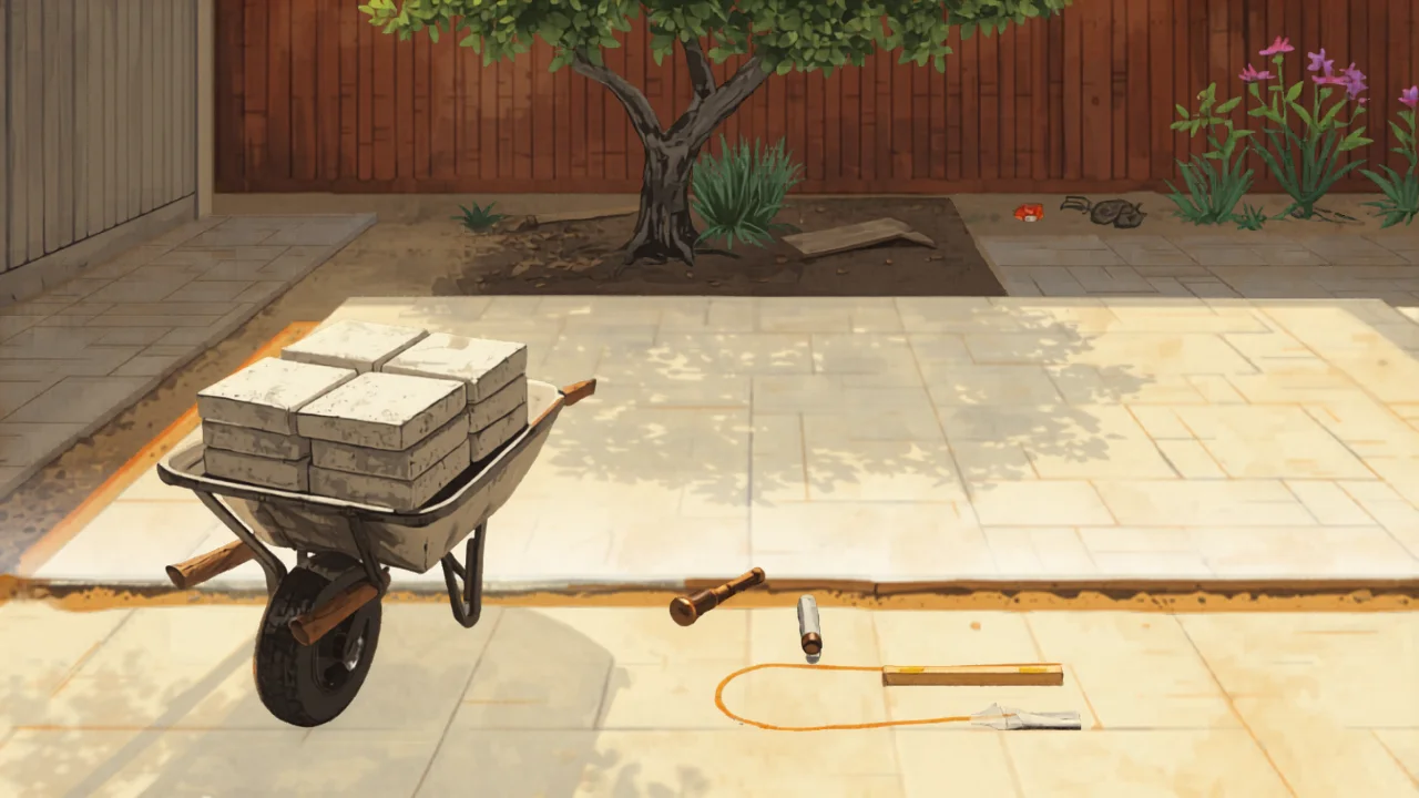 A Perth landscaper at work mid-build with wheelbarrow of limestone pavers, mortar mixer, tools laid out on a drop sheet and half-finished paving, illustrated in Studio Ghibli watercolor style