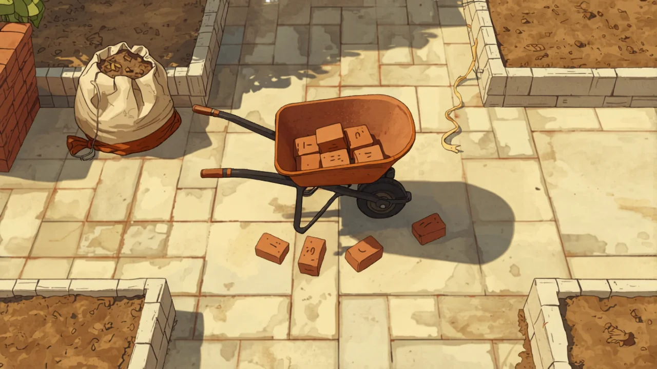 A split scene showing DIY landscaping tools on the left and a finished professional Perth garden on the right, painted in Studio Ghibli watercolor style