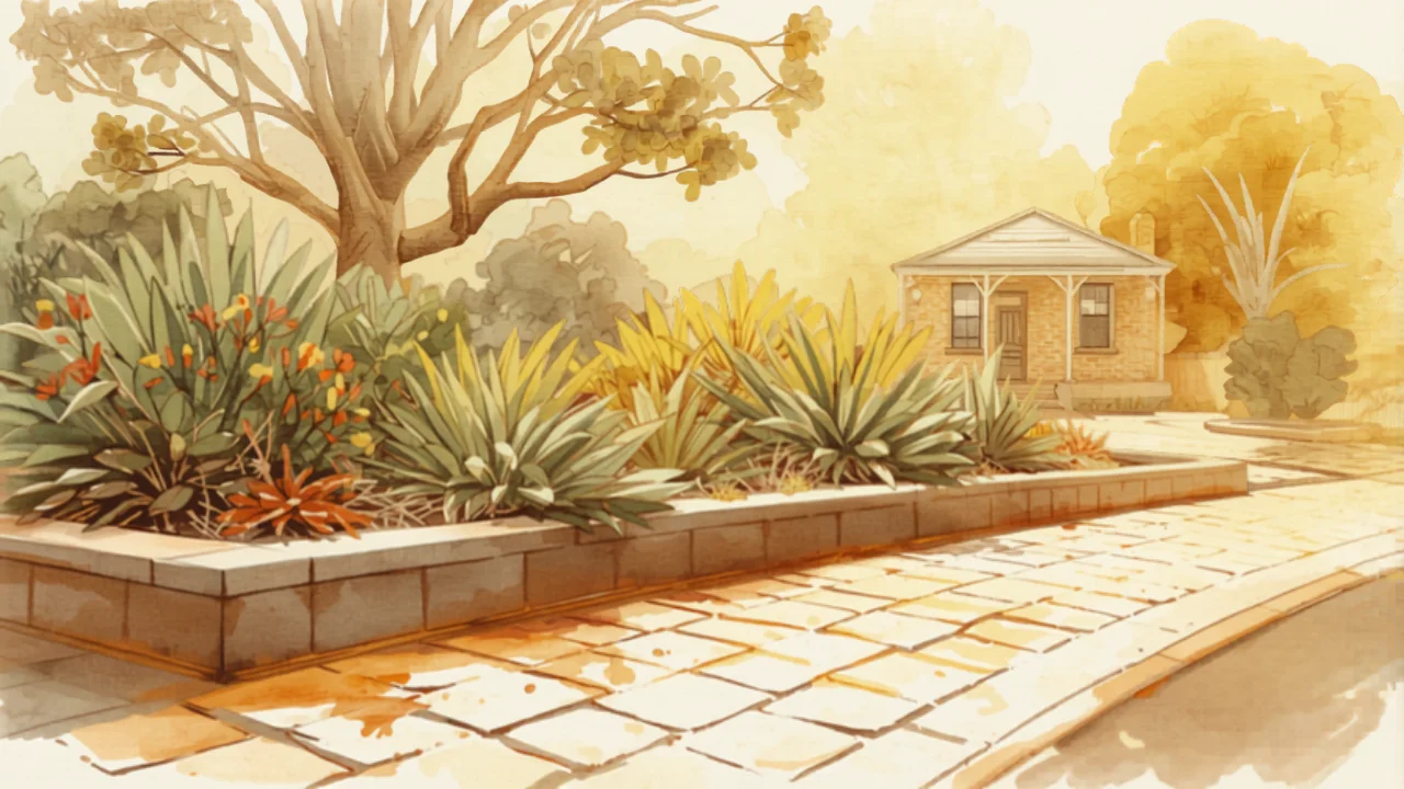 A typical Perth front yard scene with red brick paver driveway, low limestone verge wall, native verge planting and a lemon-scented gum tree, illustrated in Studio Ghibli watercolor style