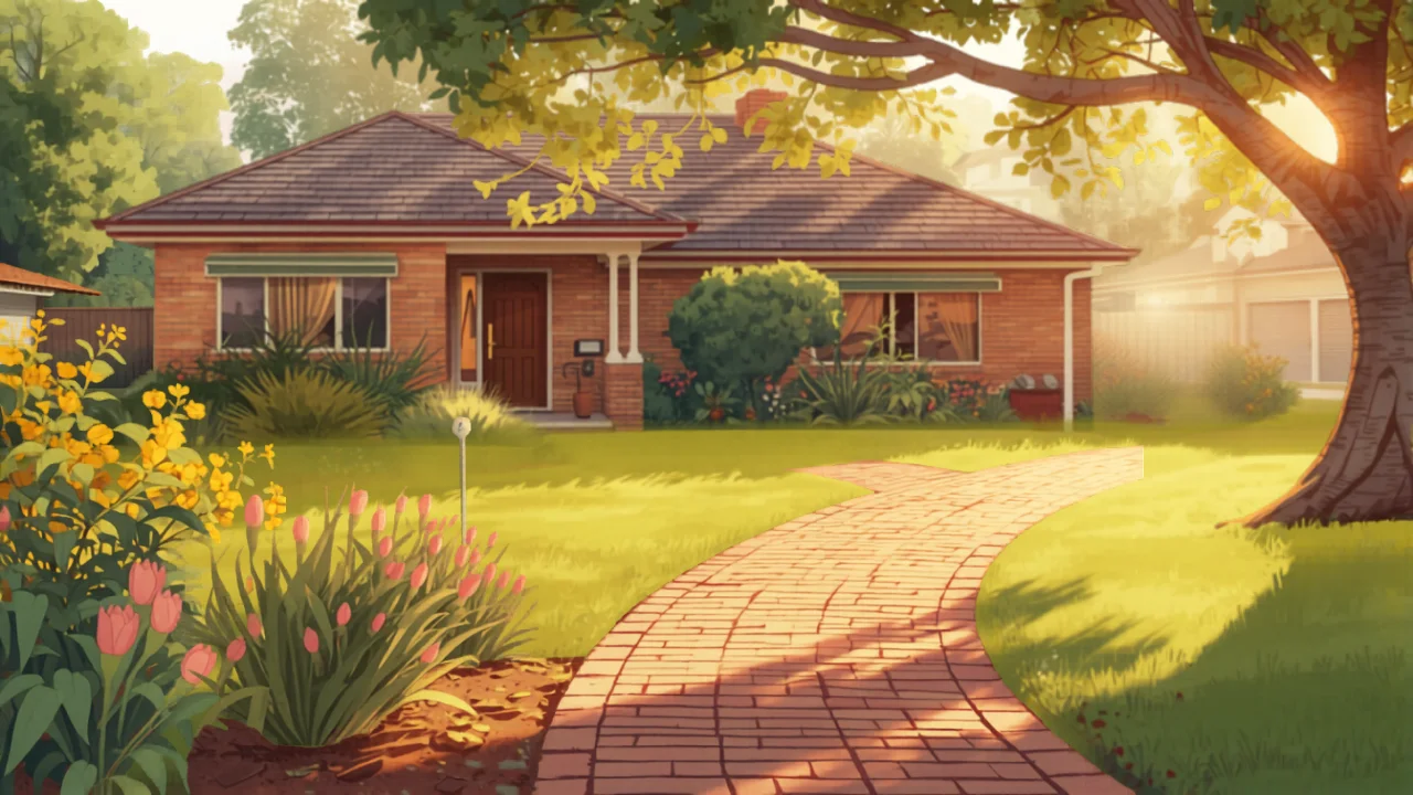 A Perth front yard with a brick path, flowering native shrubs and a small buffalo lawn under late-afternoon light, painted in Studio Ghibli watercolor style