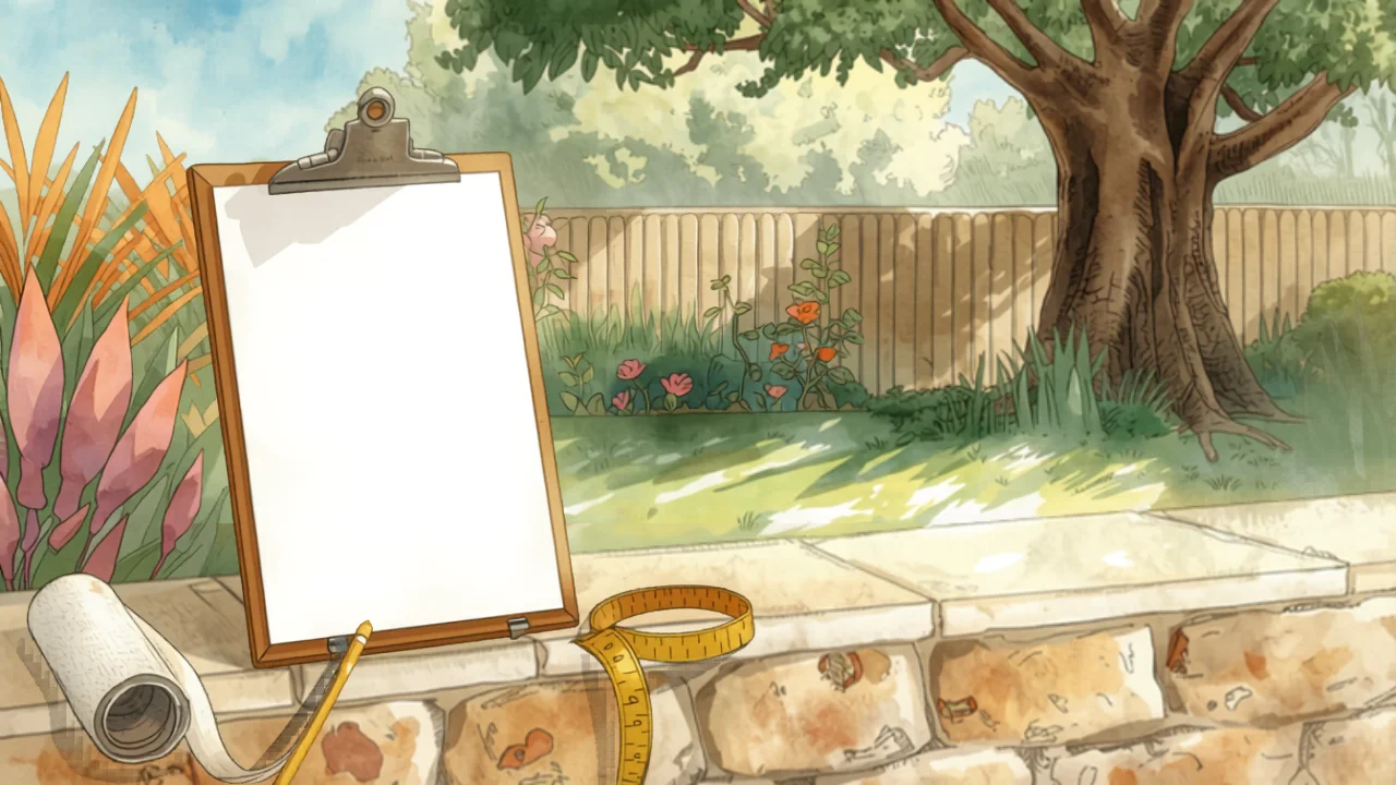 A Perth backyard site-visit scene — a wooden clipboard, measuring tape and unfurled plans resting on a limestone wall with native garden behind, illustrated in Studio Ghibli watercolor style