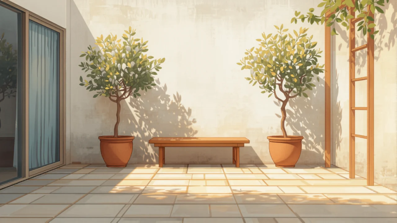 A compact Perth townhouse courtyard with limestone pavers, olive trees in terracotta pots and climbing native jasmine, painted in Studio Ghibli watercolor style
