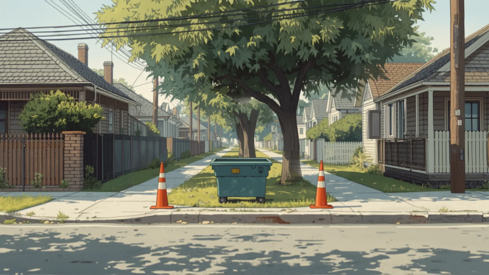 a skip bin placed on a residential street with safety markers - skip bin cost geelong