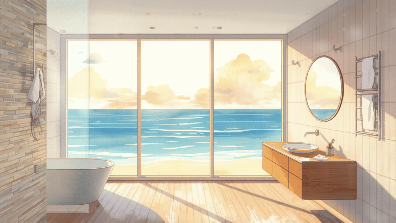 Sunshine Coast bathroom renovation cost — premium beachfront bathroom with ocean view and stone feature wall Sunshine Coast bathroom renovation cost — premium beachfront bathroom with ocean view and stone feature wall