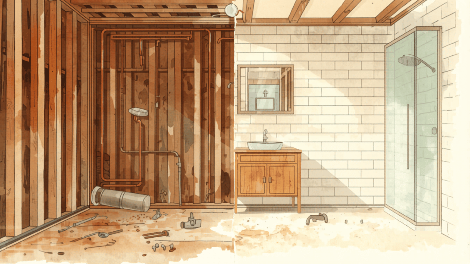 Sunshine Coast bathroom renovation cost — split-view showing demolished bathroom on one side and finished renovation on the other Sunshine Coast bathroom renovation cost — split-view showing demolished bathroom on one side and finished renovation on the other