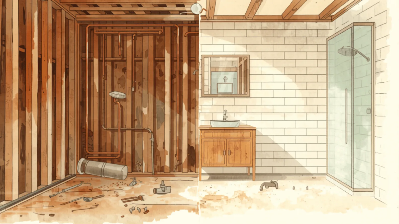 bathroom renovation cost sunshine coast - split-view showing demolished bathroom on one side and finished renovation on the other split-view showing demolished bathroom on one side and finished renovation on the other - bathroom renovation cost sunshine coast