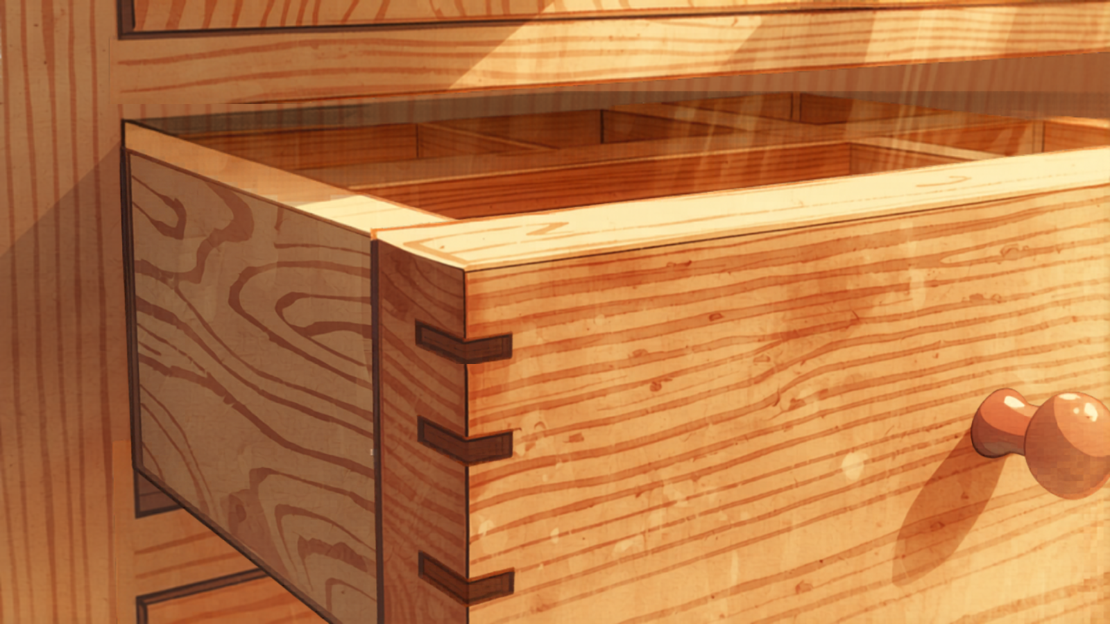 Sunshine Coast carpenter cost — dovetail joinery detail Sunshine Coast carpenter cost — premium tier custom joinery showing dovetail drawer construction and brass hardware in blackbutt