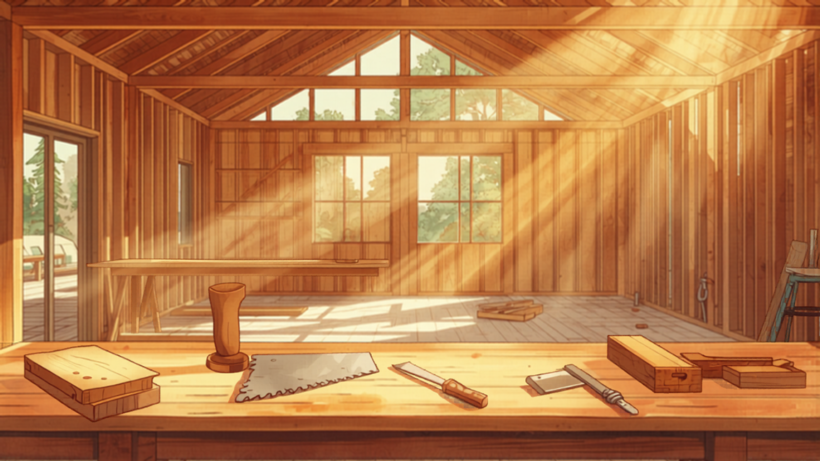 Sunshine Coast carpenter cost — workshop with carpenter's tools and exposed timber frame structure Sunshine Coast carpenter cost — workshop with carpenter's tools and exposed timber frame structure