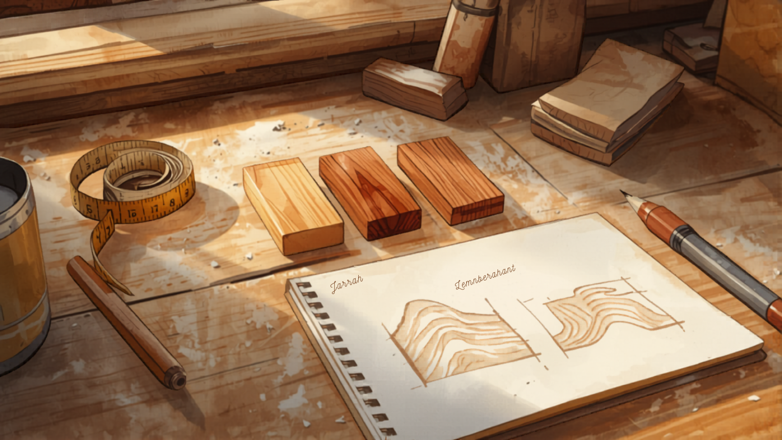 Sunshine Coast carpenter cost — material samples on workbench Sunshine Coast carpenter cost — Australian hardwood samples on a carpenter workbench with measuring tape and sketches