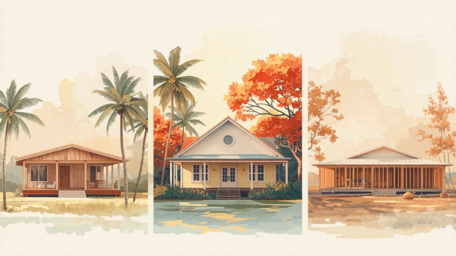 Sunshine Coast carpenter cost — three-scene tableau showing coastal home, Queenslander, and estate frame carpentry Sunshine Coast carpenter cost — three-scene tableau showing coastal home, Queenslander, and estate frame carpentry