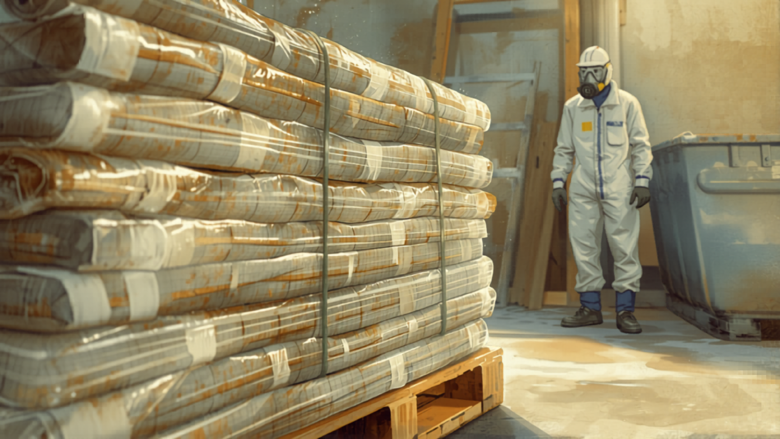 Asbestos roof removal Sydney - Double-wrapped sealed asbestos roof sheeting stacked beside a skip bin with a licensed removalist in protective gear, painted in Studio Ghibli watercolour style
