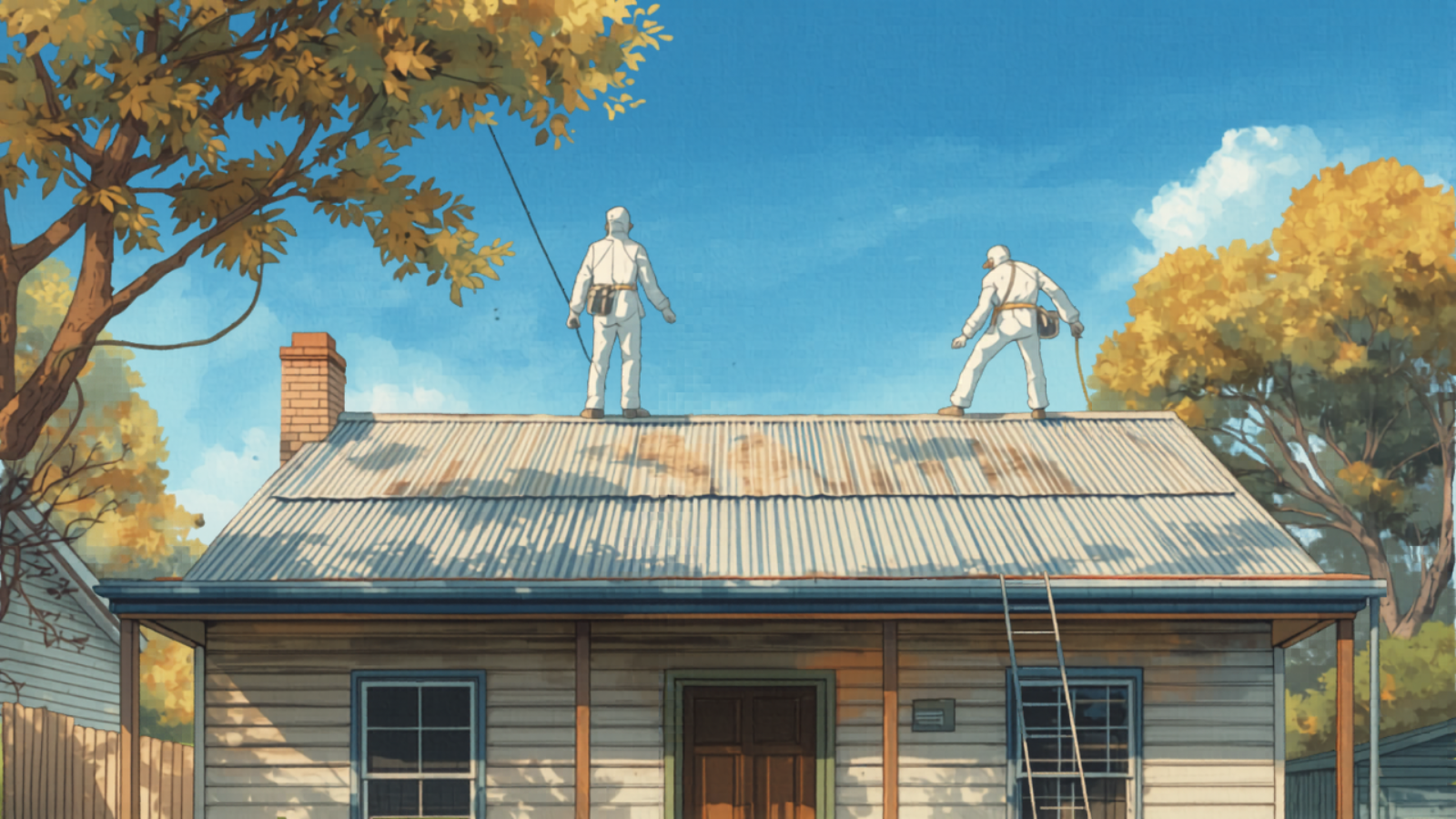 Asbestos roof removal Sydney - A weatherboard Sydney home having its old grey asbestos-cement roof carefully removed by workers in protective suits, painted in Studio Ghibli watercolour style under a clear blue sky