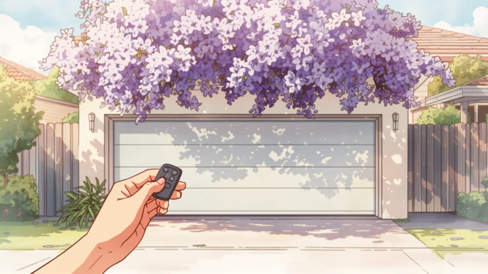 An automatic garage door opening on a Sydney driveway, Studio Ghibli watercolour - automatic garage door prices Sydney