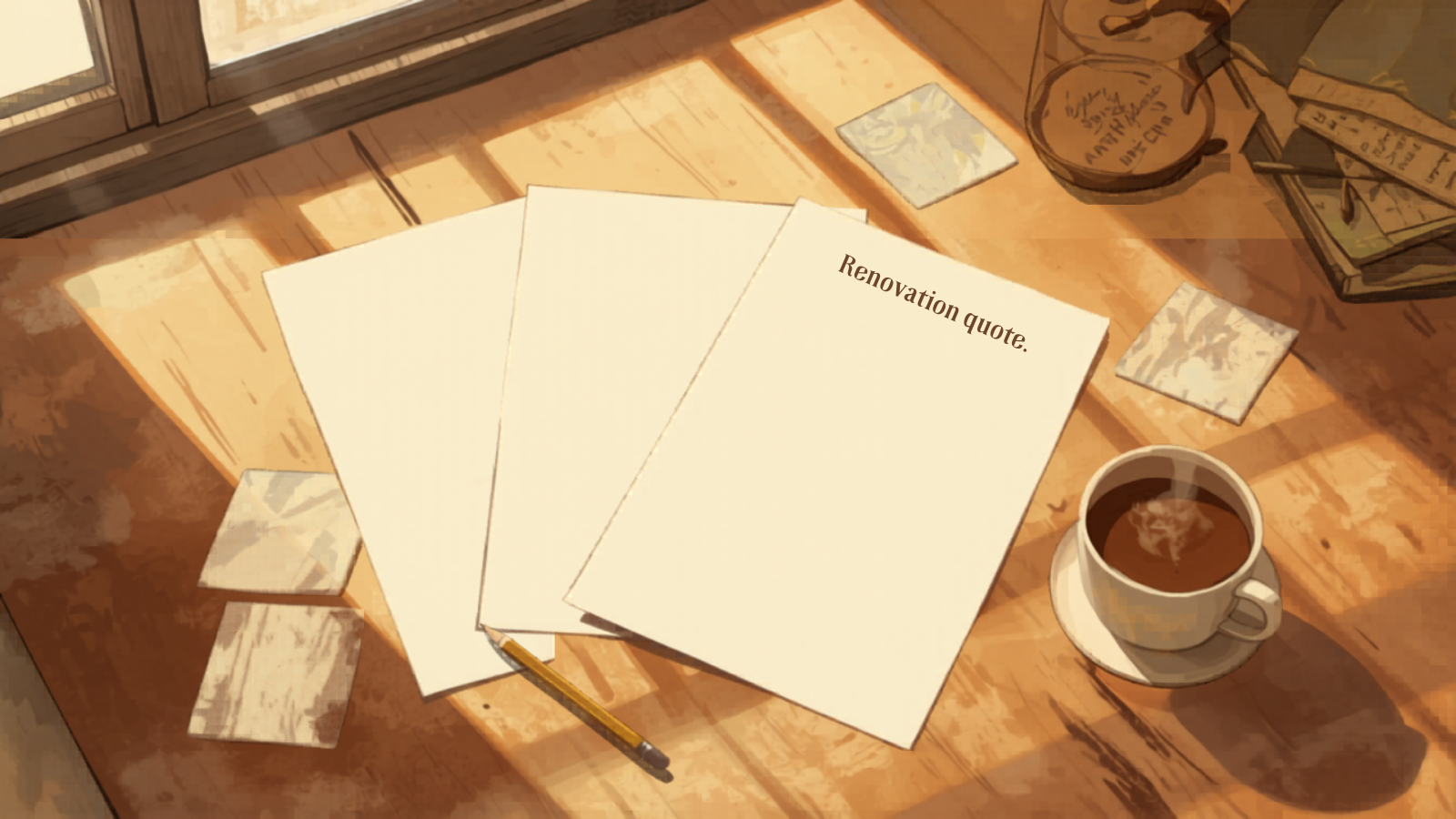 Sydney bathroom renovation — three printed quotes on a kitchen table with tile samples Sydney bathroom renovation — three printed quotes on a kitchen table with tile samples