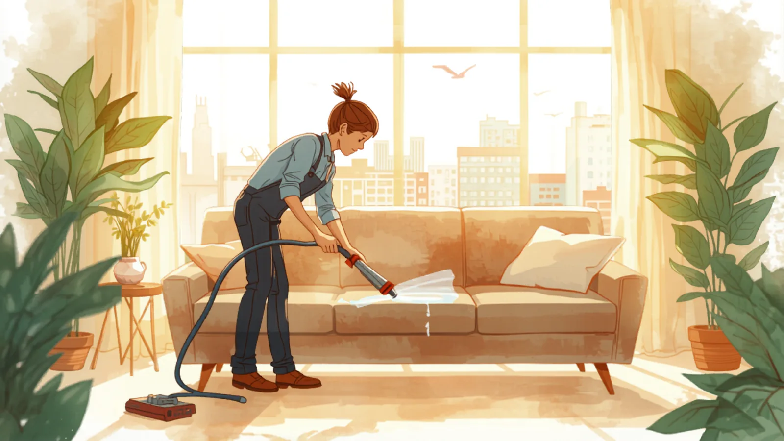 carpet cleaning cost sydney - technician cleaning a fabric sofa with an upholstery extraction tool technician cleaning a fabric sofa with an upholstery extraction tool - carpet cleaning cost sydney
