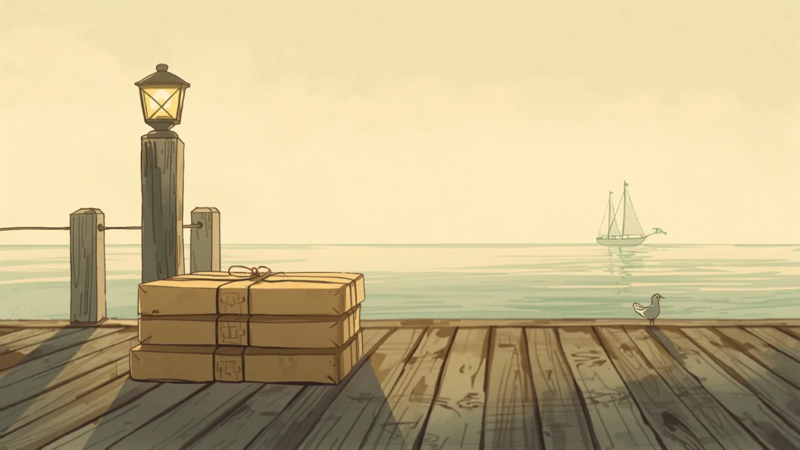 ecommerce website sydney - Plain paper parcels tied with string stacked on a timber jetty at dawn beside a glowing lantern post, a gull and a sail beyond Plain paper parcels tied with string stacked on a timber jetty at dawn beside a glowing lantern post, a gull and a sail beyond - ecommerce website sydney