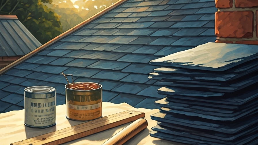 Close-up of heritage slate roofing work in progress on a Sydney Paddington terrace with reclaim Welsh slate tiles stacked and lead flashings visible, painted in Studio Ghibli watercolour style