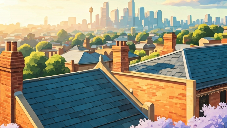 A row of Paddington terraces with slate roofs and ornate parapets, painted in Studio Ghibli watercolor style with jacarandas in bloom