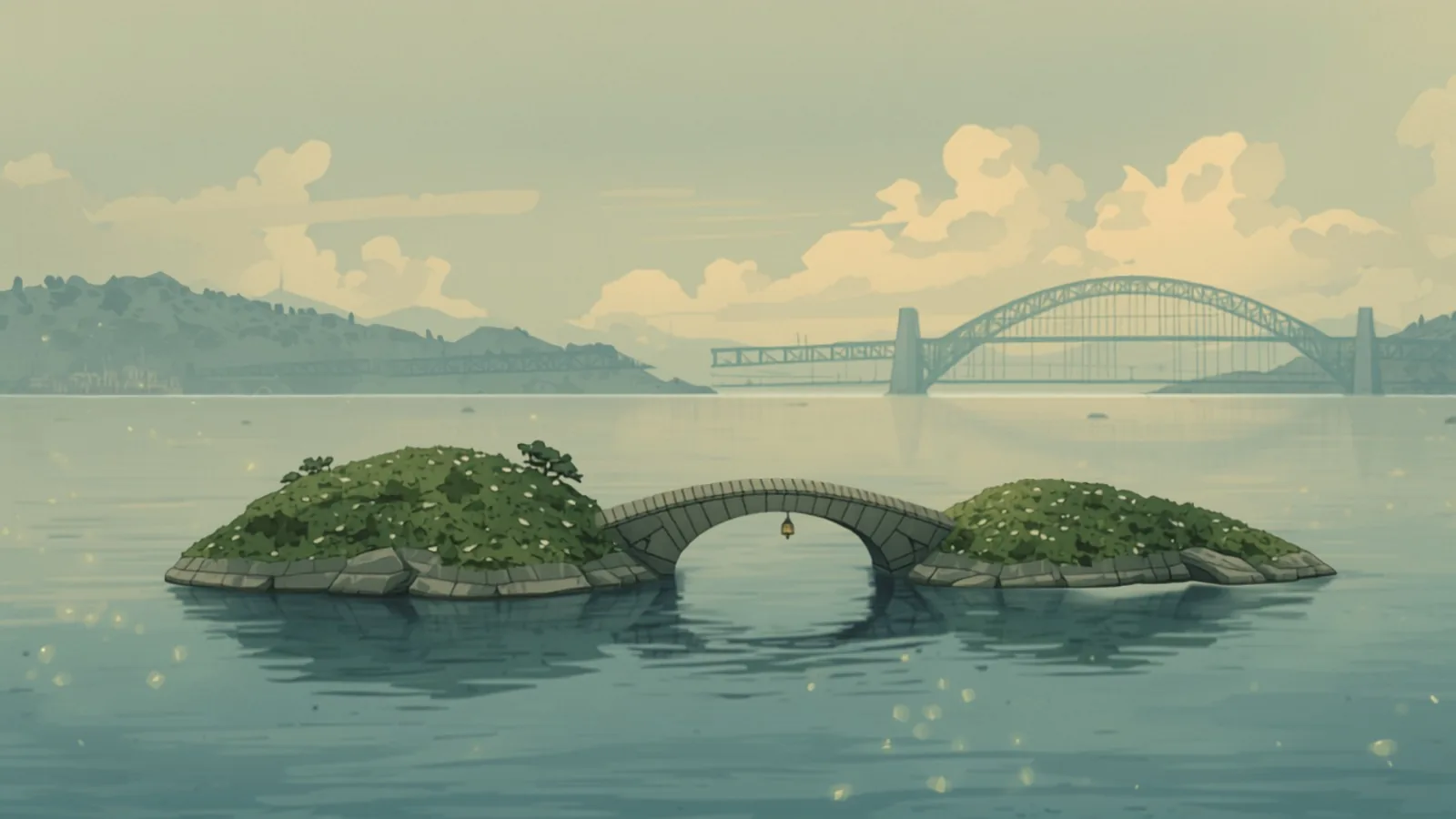 link building sydney - Two mossy garden islands joined by a small stone footbridge in still harbour water, a great bridge arch echoing far behind Two mossy garden islands joined by a small stone footbridge in still harbour water, a great bridge arch echoing far behind - link building sydney