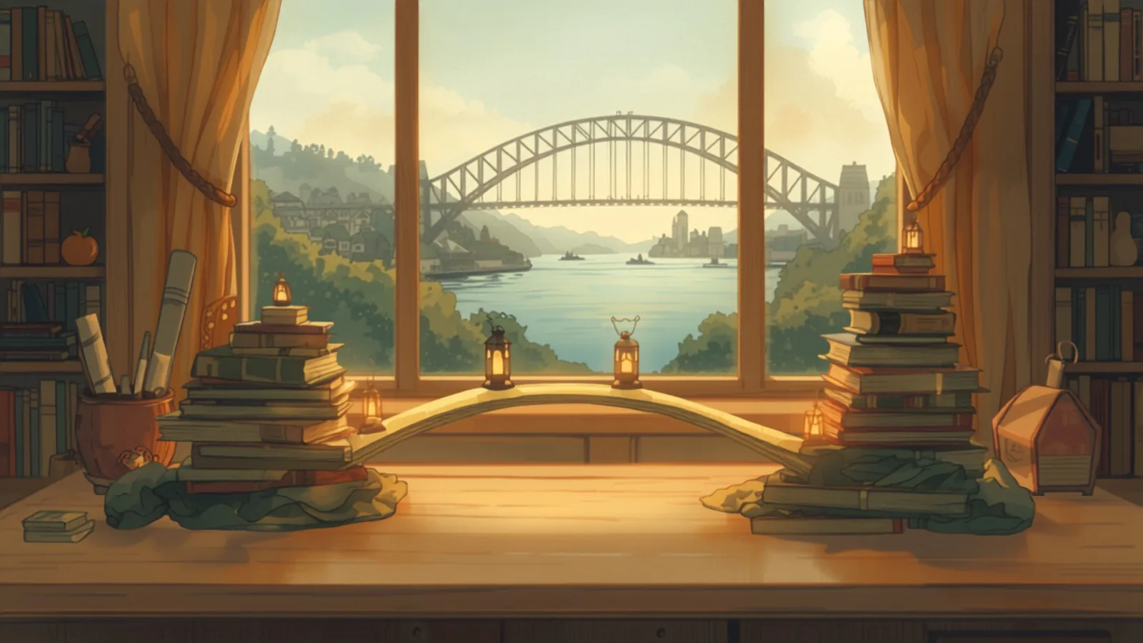seo cost sydney - Little paper bridges linking islands of stacked books across a warm timber desk, lanterns glowing, a harbour bridge arch through the window at dusk Little paper bridges linking islands of stacked books across a warm timber desk, lanterns glowing, a harbour bridge arch through the window at dusk - seo cost sydney