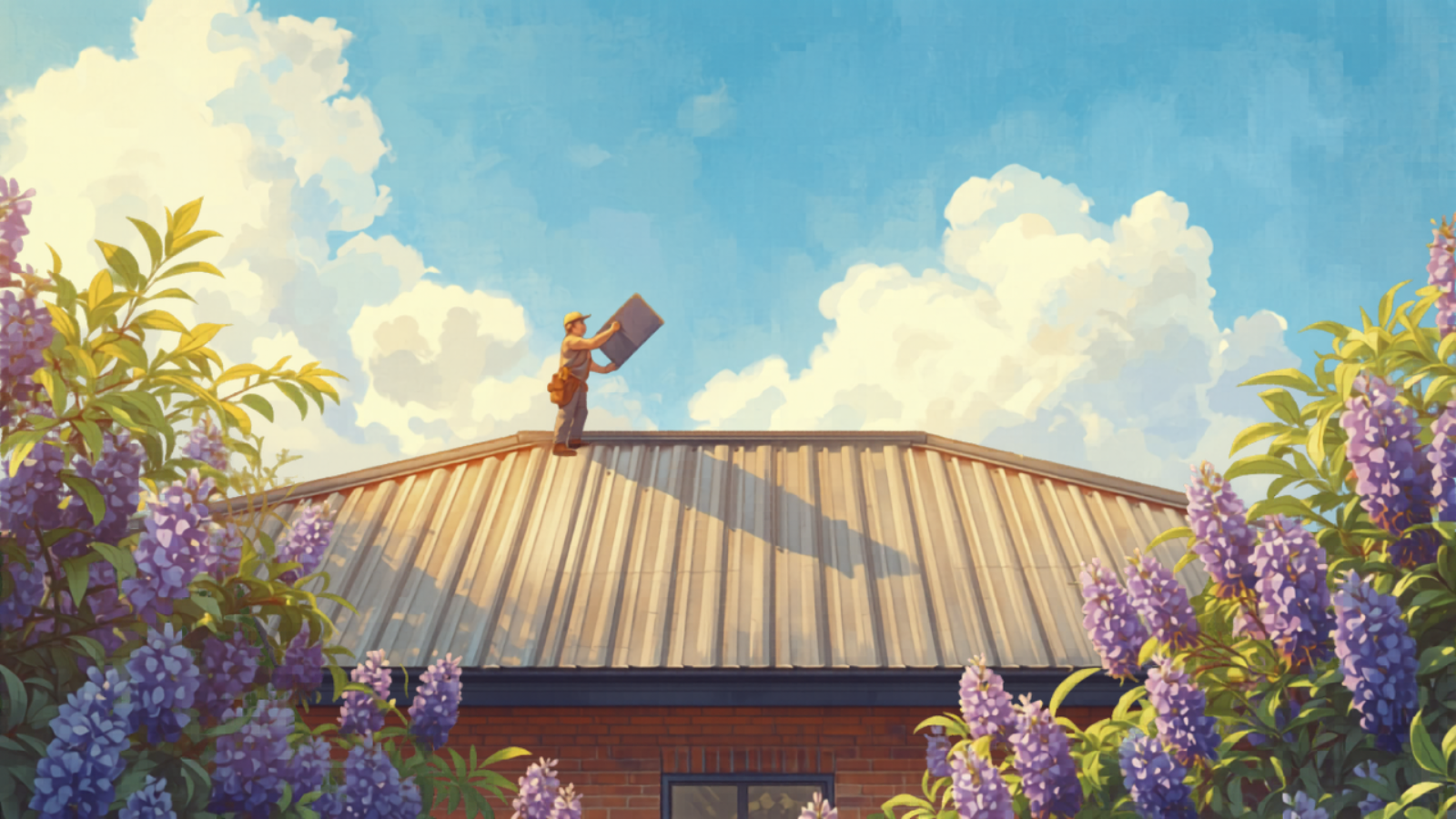 Metal roof replacement Sydney - Charcoal corrugated Colorbond steel sheets being laid and screwed down showing the ribbed profile, painted in Studio Ghibli watercolour style