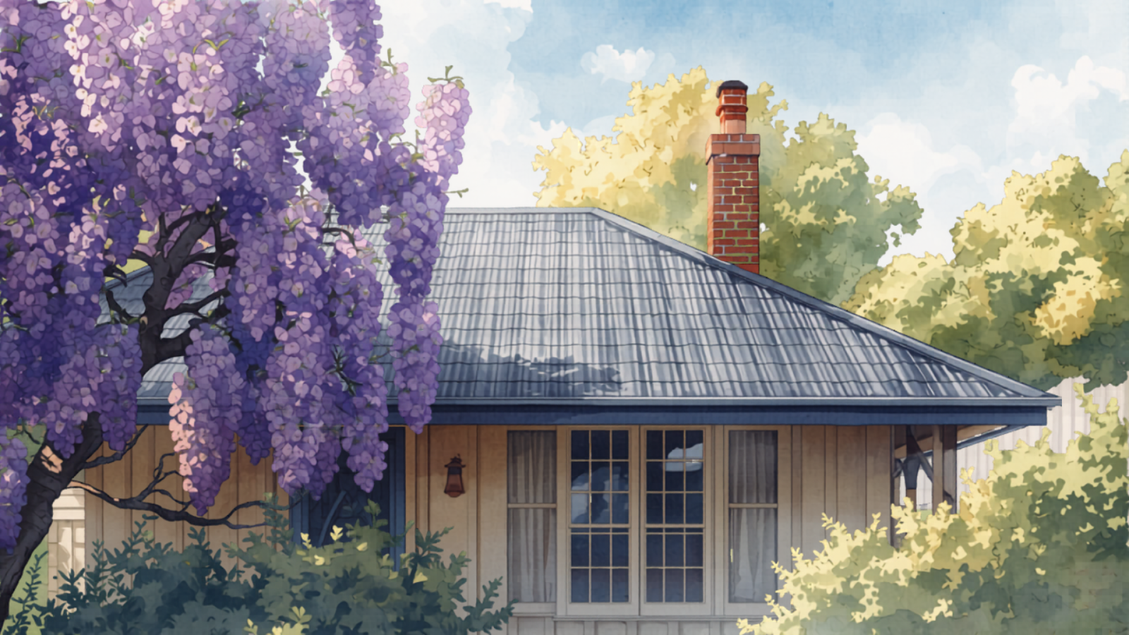 Metal roof replacement Sydney - A Sydney home being re-roofed with fresh charcoal Colorbond steel sheeting, painted in Studio Ghibli watercolour style with jacarandas in bloom and a bright sky