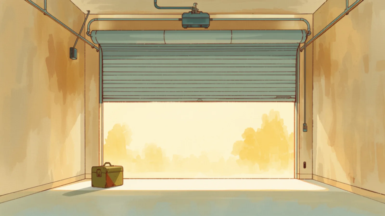 A Sydney garage roller-door motor and opener unit, Studio Ghibli watercolour - garage door motor replacement cost Sydney