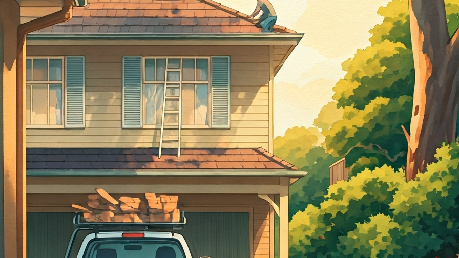 A Sydney roofer on a quote site-visit with measuring tape and clipboard inspecting a suburban two-storey roof, painted in Studio Ghibli watercolour style