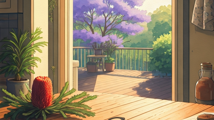 A Sydney homeowner at a kitchen table reviewing three printed roofing quotes with afternoon light through the window, painted in Studio Ghibli watercolor style