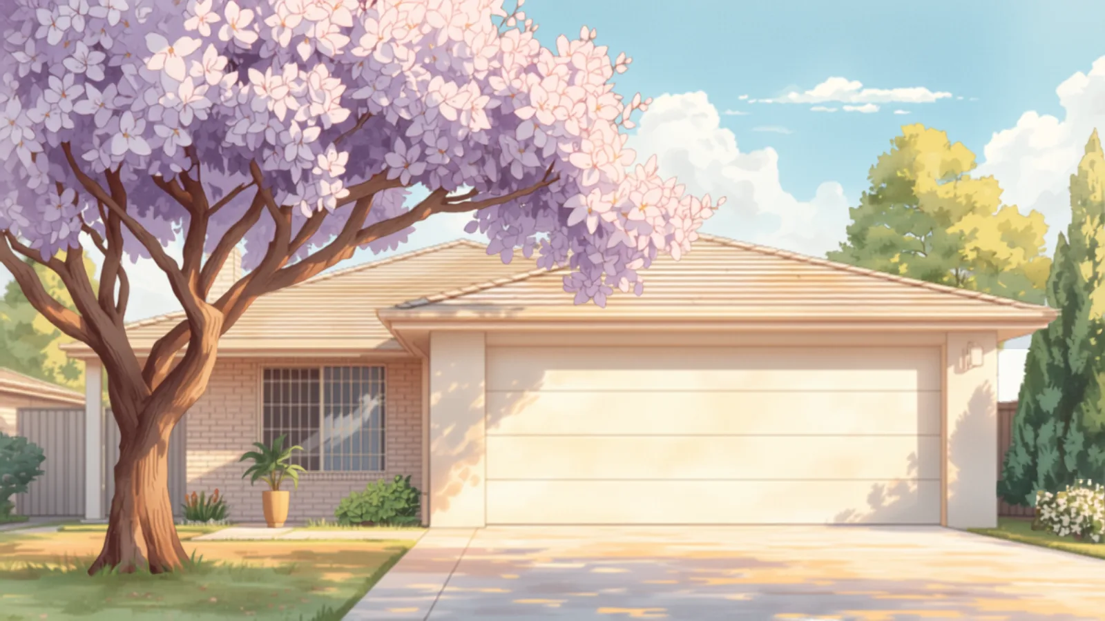 A newly replaced sectional garage door on a Sydney home, Studio Ghibli watercolour - garage door replacement cost Sydney