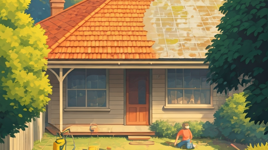 A Sydney roofer mid-restoration with high-pressure cleaning and ridge re-pointing in progress, fresh white mortar visible against terracotta tiles, painted in Studio Ghibli watercolour style