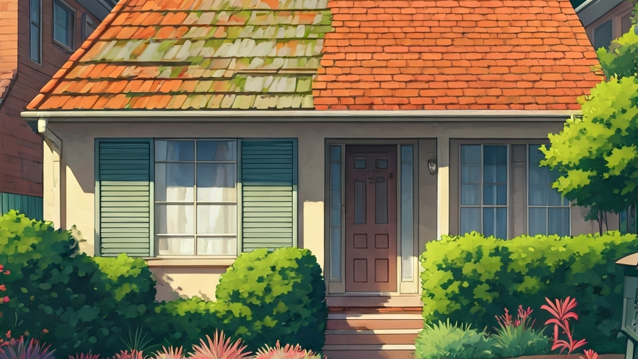 A Sydney roofer high-pressure cleaning terracotta tiles with one section partially replaced, painted in Studio Ghibli watercolor style with afternoon light